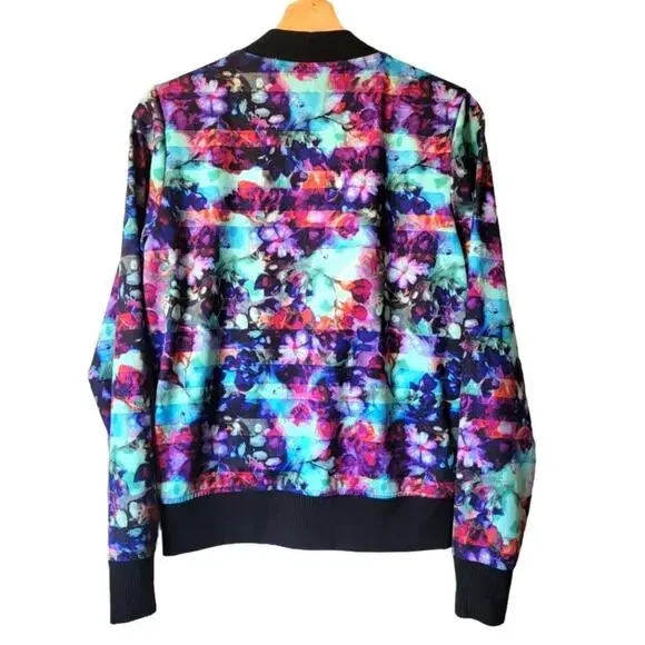Athleta Watercolor Floral Zipper Front Bomber Coat Jacket With Zipper Pockets- S - Picture 3 of 6